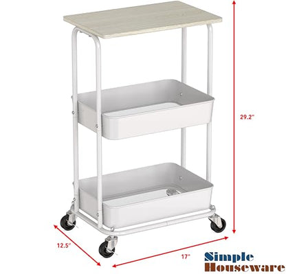 Simple Houseware 2-Tier Rolling Utility Cart Wood Top/Lockable Wheel, Maple | Metal Storage Organizer Trolley for Kitchen, Bathroom, Office, Craft Room - color: Maple