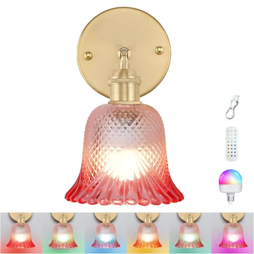 GEEZO Vintage Battery Operated Wall Sconce, with Rechargeable Battery Powered Wall Light with Remote Control for Bedside Bedroom - color: Ripple Pink, size: (1 pack)