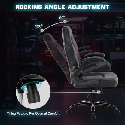 Sweetcrispy Computer Gaming Chair, Home Office Desk Chair, PU Leather | Big Tall Ergonomic, Flip-up Armrest, 360 Swivel Wheels, PU Leather Height Adjustable, Home Computer, Black - color: Black