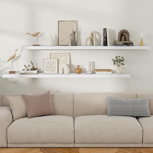 Fun Memories Floating Shelves for Wall, 72 Inch Long Set of 2 Rustic Wood Wall Shelves with Invisible Brackets, Heavy Duty Storage Display for Living Room Bedroom Kitchen, White - color: White, size: 8"D x 72"L - 2Pack