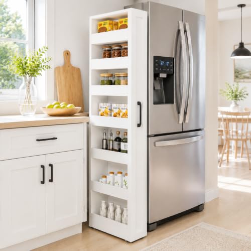 Tall Narrow Storage Cabinet, 71 Inch Tall, 8 Inch Wide, White | 7-Shelf Slim Pull-Out Organizer with Wheels for Small Spaces, Kitchen, Bathroom, Laundry Room and Narrow Gaps - color: D-white