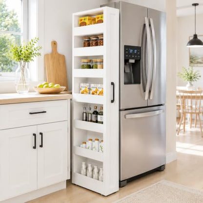 Tall Narrow Storage Cabinet, 71 Inch Tall, 8 Inch Wide, White | 7-Shelf Slim Pull-Out Organizer with Wheels for Small Spaces, Kitchen, Bathroom, Laundry Room and Narrow Gaps - color: D-white