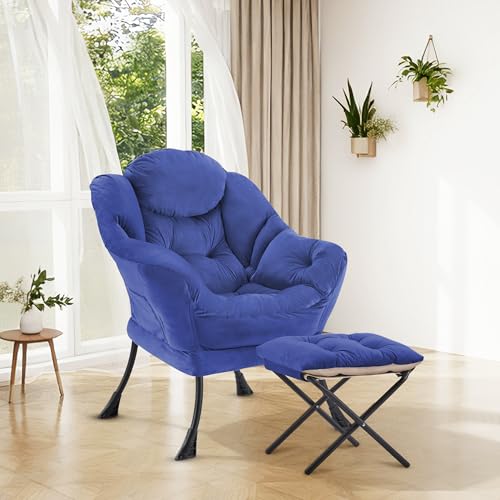 Lazy Chair with Ottoman Comfy Accent Lounge Chair with Side Pocket Cozy Chair Modern Reading Armchair with Footrest Upholstered Sofa Chair for Small Spaces Living Room Dorm Bedroom Darkblue - color: Darkblue