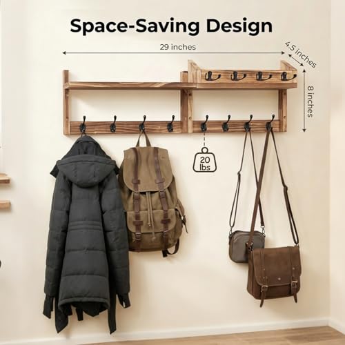 29" Coat Rack Wall Mount with Shelf, 4 in 1 Wall Mounted Coat and Key Hanger with 11 Hooks, Entryway Key Holder with Mail Holder for Living Room, Bedroom - size: 7 Hooks with shelf