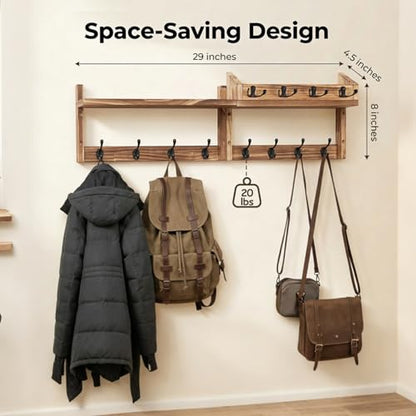 29" Coat Rack Wall Mount with Shelf, 4 in 1 Wall Mounted Coat and Key Hanger with 11 Hooks, Entryway Key Holder with Mail Holder for Living Room, Bedroom - size: 7 Hooks with shelf