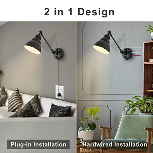 Plug in Wall Sconces Set of Two with Remote, Stepless Dimming & Stepless Colors 2700K-6500K, Swing Arm Wall Lamp, Plug in Wall Light with Night Light & Timer, Hardwired or Plug-in, LED Bulbs Included - size: Black-2 PACK(Bulbs+Remote)