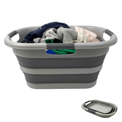 SAMMART 30L (7.9 gallon) Collapsible Plastic Laundry Basket - Foldable Pop Up Storage Container/Organizer - Portable Washing Tub - Space Saving Hamper/Basket (1, Grey/Deep Grey) - color: Grey/Deep Grey