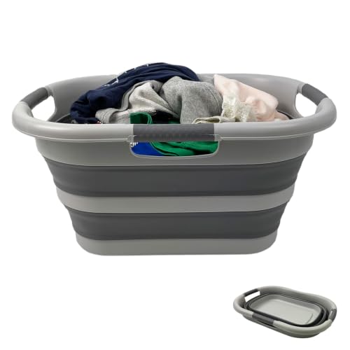 SAMMART 30L (7.9 gallon) Collapsible Plastic Laundry Basket - Foldable Pop Up Storage Container/Organizer - Portable Washing Tub - Space Saving Hamper/Basket (1, Grey/Deep Grey) - color: Grey/Deep Grey