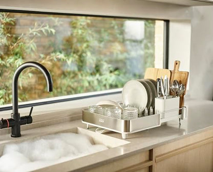 Joseph Joseph Extend Steel Expandable Dish Drying Rack with Removable Cutlery Holder Swivel Draining Spout, Stainless Steel - color: Light Stone, style: 1-tier