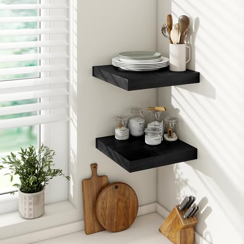 Vivelove Square Floating Shelves 12x12” Set of 2, Black | Easy Install with Hardware, Invisible Brackets, No Sagging, Living Room Display Shelf, 2" Thick，Engineered Wood - color: Black, size: 12”wx12”dx2”h