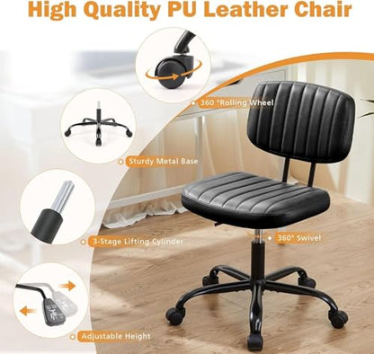 YSSOA Office Chair Small Computer Desk Chair Ergonomic with Low Back Lumbar Support, Height Adjustable Armless PU Leather Vanity Stool 360° Swivel Rolling Chair with Wheels, Black - color: Black