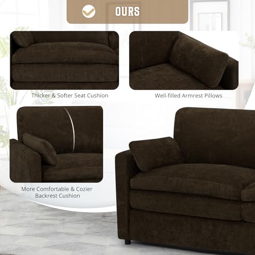 69" Chenille Soft Sofa w/Well-Filled Backrests, Brown | Modern Loveseat w/Plump Pillows, 2 Seater Upholstered Couch w/Thick & Comfy Cushions for Living Room, Bedroom - color: Brown, size: Loveseat