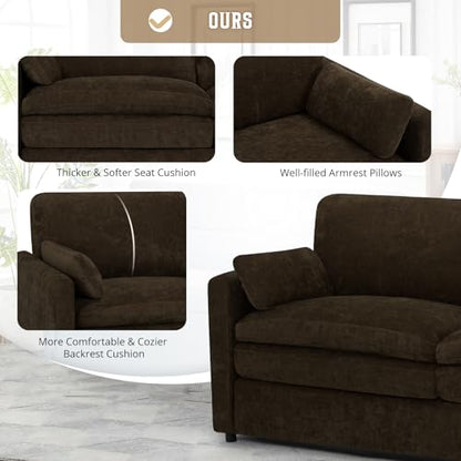69" Chenille Soft Sofa w/Well-Filled Backrests, Brown | Modern Loveseat w/Plump Pillows, 2 Seater Upholstered Couch w/Thick & Comfy Cushions for Living Room, Bedroom - color: Brown, size: Loveseat