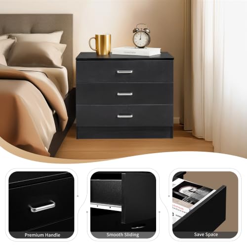 Vasitelan Wooden 3 Drawer Dresser, Modern Storage Chest of Drawers, Wood Bedside Table Night Table for Bedroom,Living Room (Black) - color: Black