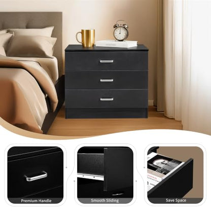Vasitelan Wooden 3 Drawer Dresser, Modern Storage Chest of Drawers, Wood Bedside Table Night Table for Bedroom,Living Room (Black) - color: Black