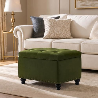 Zihanhome Velvet Storage Ottoman Bench, Button Tufted Ottoman with Hidden Storage, Upholstered Foot Rest Stool with Solid Wood Legs for Living Room, Bedroom, Entryway & Small Spaces (Olive Green) - color: Velvet-olive Green