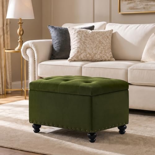 Zihanhome Velvet Storage Ottoman Bench, Button Tufted Ottoman with Hidden Storage, Upholstered Foot Rest Stool with Solid Wood Legs for Living Room, Bedroom, Entryway & Small Spaces (Olive Green) - color: Velvet-olive Green