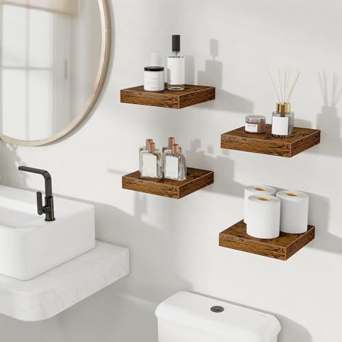 Fun Memories Floating Shelves for Wall, 8 Inch Set of 4 Rustic Wood Wall Shelves with Invisible Brackets, Heavy Duty Storage Display for Bathroom Bedroom Living Room Kitchen, Brown - color: Rustic Brown, size: 8"D x 8"L - 2Pack