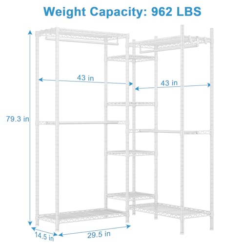 E4 Clothes Rack, Heavy-Duty Garment Rack, Metal Freestanding Clothing Organization Storage System Can Be L-shaped with Shelves and Hangers, Max Load 962lbs, 71.6" W x 14.5" D x 79.3" H, White | Metal Freestanding Clothing Organization Storage System with