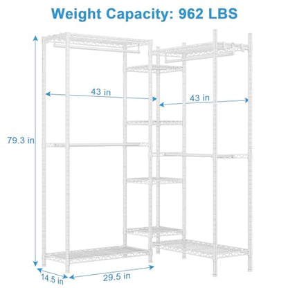 E4 Clothes Rack, Heavy-Duty Garment Rack, Metal Freestanding Clothing Organization Storage System Can Be L-shaped with Shelves and Hangers, Max Load 962lbs, 71.6" W x 14.5" D x 79.3" H, White | Metal Freestanding Clothing Organization Storage System with