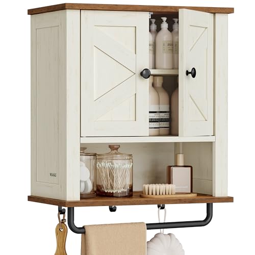 VASAGLE LIRY Collection - Bathroom Wall Cabinet, Farmhouse Wall-Mounted Medicine Storage Cabinet with 2 Barn Doors, Adjustable Shelf, Towel Bar, 7.9 x 18.1 x 24 Inches, Rustic White UBBK132W01S - color: Rustic White, style: 2Doors（24"H）