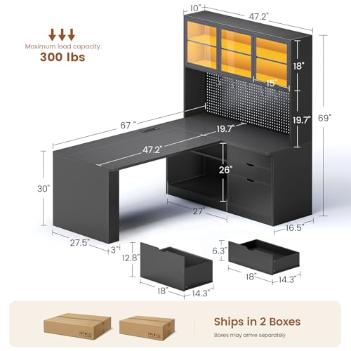 SEDETA L Shaped Corner Gaming Desk with 3 Wood Drawer and Large Bookshelf | L Shaped Computer Desk with LED Light, Display Cabinet and Pegboard for Home Office, 27.5" W Large Desktop Table, Black - color: Black