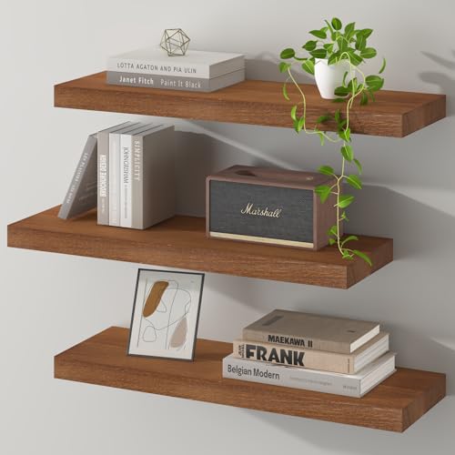 SAUMONIERES Floating Wall Shelves for Bedroom Bathroom Wall Mounted Solid Wood Shelf 24 Inch Set of 3, Walnut Floating Shelves - color: Walnut, size: 24 Inch-3 shelves
