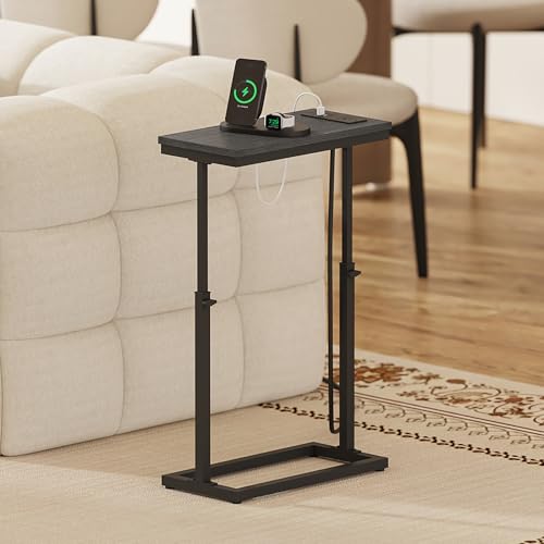 TUTOTAK End Table with Charging Station, Side Table, Tall Couch Table | Sofa Table, for living Room, Bedroom, Black TB01BK084 - color: Black, size: 1 Pack, style: With Plug