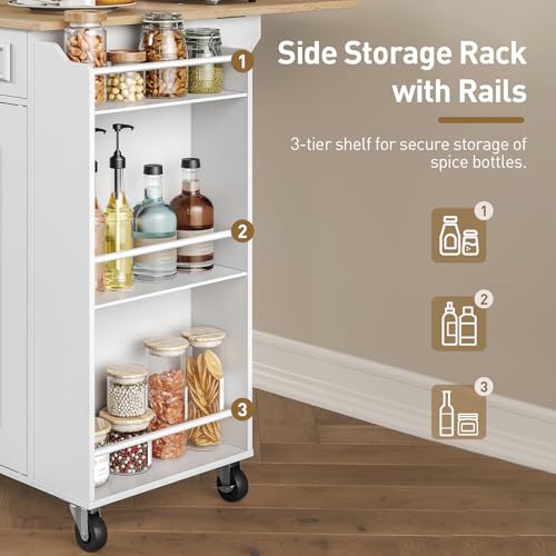 Kitchen Island with Power Outlets & Drop Leaf, Rolling Kitchen Cart on Wheels, Kitchen Storage Island with Spice Rack and Drawer, Mobile Island Table for Kitchen, Dinning, White and Natural - color: White + Natural