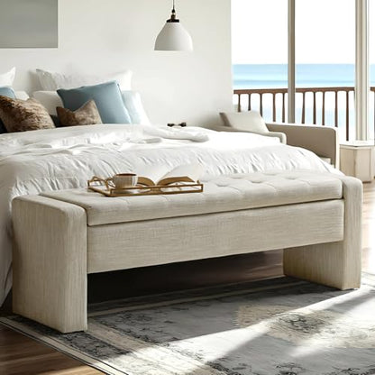 55" Modern Upholstered Storage Bench with Tufted Seat, Fabric Ottoman Bench for Bedroom, Entryway, or Living Room, Soft Close Hinge,Beige - color: Beige