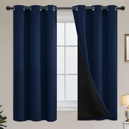 Yakamok Navy Blue Blackout Curtains 63 inches Long for Living Room 38" Wide | Thermal Insulated Window Treatment Total Blocking Panels with Black Liner for Living Room/Dining Room Grommet Top 2 Panels - color: Navy Blue, size: 38"W x 63"L (Pack of 2)