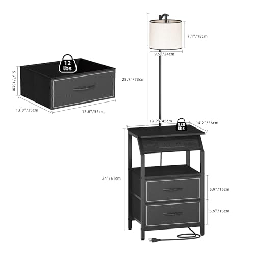 End Table with Floor Lamp, Nightstand with Charging Station, Floor Lamp Table with 3-Color Temperature Bulb, Bedside Table Night Stand with 2 Drawers for Bedroom, Living Room, Black - color: Black 2 Drawers