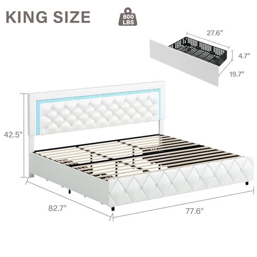 BarnFurin King Size Bed Frame with LED Headboard and Storage Drawers,White | Upholstered Platform Bed with Diamond Tufted Headboard, Wooden Slats Support, No Box Spring Needed, Easy Assembly - color: White, size: King