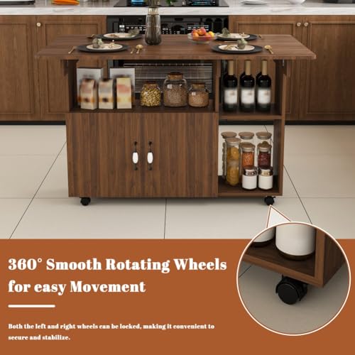 Folding Dining Table with Wheels, Drop Leaf Dinner Table with 2-Layer Storage, Space Saving Table for Small Spaces, Kitchen, Dining Room (Walnut) - color: Walnut