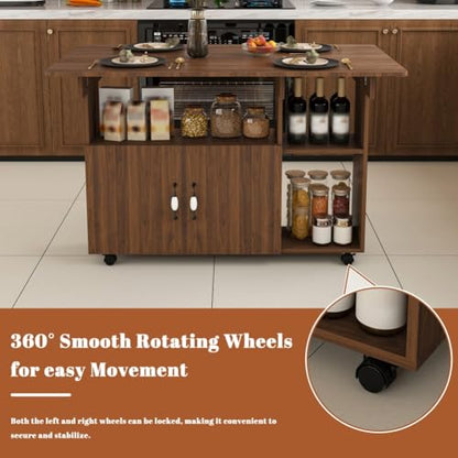 Folding Dining Table with Wheels, Drop Leaf Dinner Table with 2-Layer Storage, Space Saving Table for Small Spaces, Kitchen, Dining Room (Walnut) - color: Walnut
