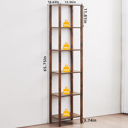 YUFAM 6-Tier Tall Narrow Bookcase, Small Bookshelf for Small Space, Brown - color: Brown, size: 6-Tier