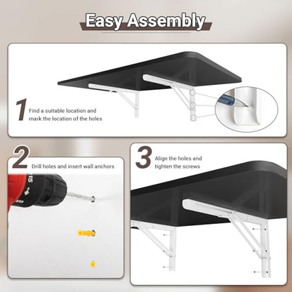 Neoaider Wall Mounted Folding Table 47.2”L x 19.7”W, Black | Laundry Folding Table with Heavy Duty Metal Collapsible Shelf Brackets, Wall Mounted Desk Fold Down for Small Spaces - color: Black, size: 47.2" x 19.7"
