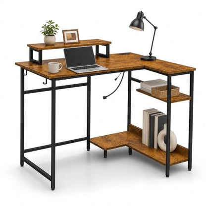 DEVAISE Compact 43 Inch L Shaped Gaming Desk with LED Lights, Rustic Brown | Steel frame and engineered wood desktop with 2 AC outlets, 2 USB ports, and monitor stand for compact gaming setups - size: 43 Inch