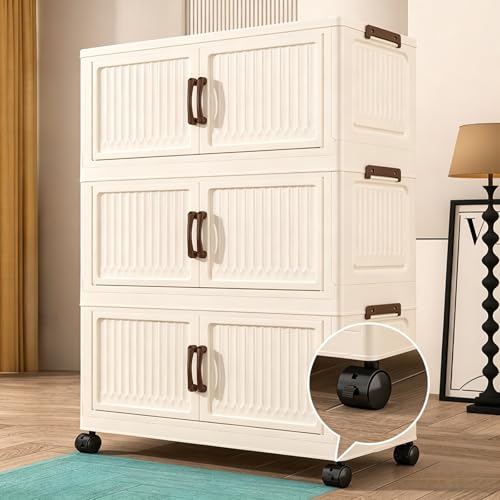96QT Modular Stackable Storage Cabinet, Rolling Lidded Storage Containers with Wheels, Collapsible Drawer Storage Bins for Clothes, Toys, Bedroom, Dorm Room Organization, Cream White（3 Pack） - size: 3 Pack 20 L x 10 W x 29 H