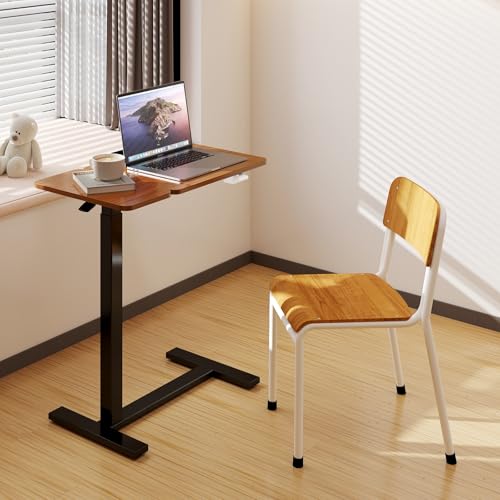 DUMOS Adjustable Bedside Overbed Table with Wheels, Brown | Laptop Standing Desk with Tilting Top Height, Mobile Rolling Computer Cart for Hospital Home Bedroom Use - color: Rust Brown, size: 27.5" x 15.7" x 43.3"