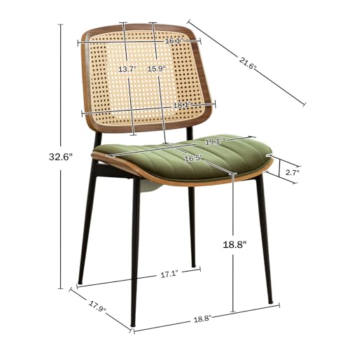 Rattan Dining Room Chairs Set of 2, Mid Century Modern Kitchen Chairs,Green Velvet Walnut Wood Finish Side Chair, Metal Legs Chair with Rattan Backrest,Green Fabric - color: Green 2, size: Set of 2