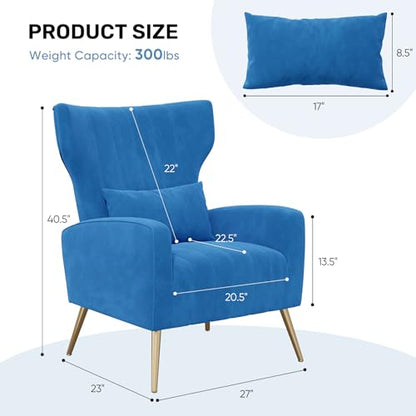 Nebuaegis Velvet Accent Chair Wingback for Living Room, High Back Arm Chair with Golden Legs Lumbar Pillow, Upholstered Single Sofa Bedroom Blue - color: Blue, size: Set of 1