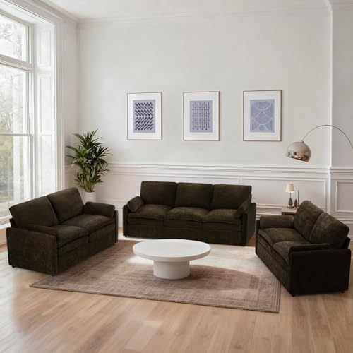 3 Pieces Chenille Sofa Set w/Two Arm Pillows, Brown | Upholstered 2 Pieces Loveseat & 3-Seater Sofa w/Soft Cushions, Modern 2-Seat & 3-Seat w/High-Density Foam for Living Room - color: Brown, size: 69" & 69" & 89" Sofa Set