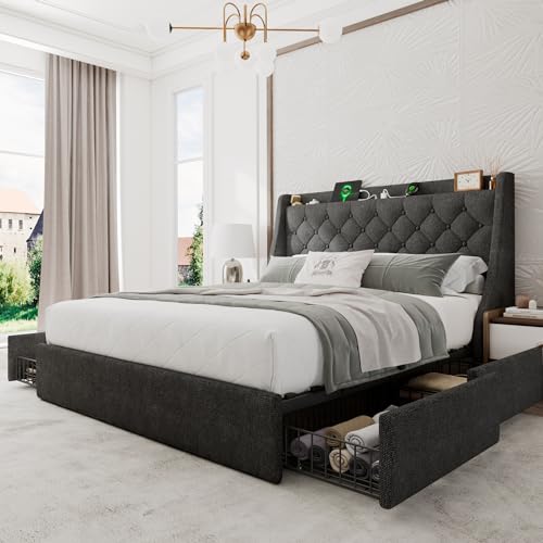 Einhomn Upholstered Queen Bed Frame with 4 Storage Drawers, Modern Platform Bed with Wingback Headboard, Charging Station, No Box Spring Needed, Dark Grey - color: Dark Gray, size: Queen