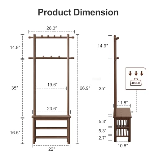 AQIMUELE Coat Rack with Shoe Storage, Narrow Wooden Hall Tree with Bench, 11 Hooks and 2-Tier Storage Shelves, 3-in-1, Entryway Bench with Coat Rack (23.6"-Walnut) - color: Walnut, size: 23.6"