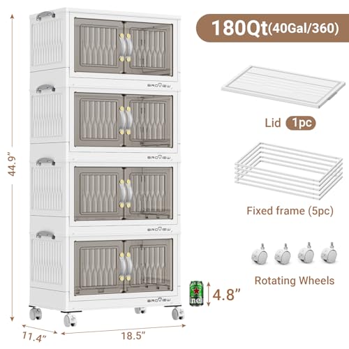 BROVIEW 180Qt Stackable Storage Bins with Lid for Home Dorm, 4Pack White | Closet Organizers, Foldable & Collapsible Cabinets, Large Containers, Wheels & Magnetic Doors, Plastic Drawers for School - color: White, size: 45QT-4Pack