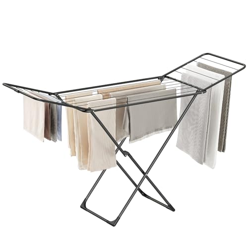SONGMICS Clothes Drying Rack, Metal Laundry Drying Rack, Foldable, Space-Saving, Free-Standing Airer, with 2 Gullwings, Indoor Outdoor Use, Bed Linen Clothing, Black ULLR540B01 - color: Black, style: 2 Gullwings（19.7"D)