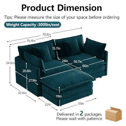 70.8 Inch 2-Seat Modular Sectional Cloud Sofa, L-Shaped,Blue | Chenille Deep Seat Sofa with Pillow for Living Room, Bedroom and Apartment - color: Blue, size: 70.8Inch-L