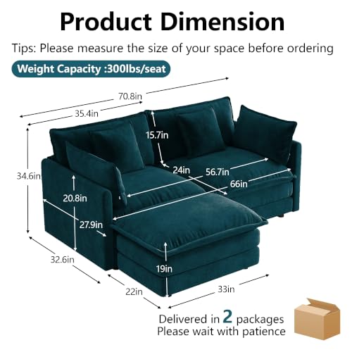 70.8 Inch 2-Seat Modular Sectional Cloud Sofa, L-Shaped,Blue | Chenille Deep Seat Sofa with Pillow for Living Room, Bedroom and Apartment - color: Blue, size: 70.8Inch-L
