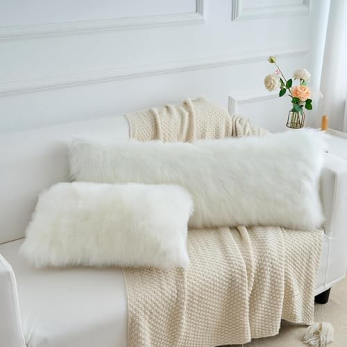 LIGICKY Long Lumbar Pillow Cover 14x36inch Decorative White Fluffy Faux Fur Throw Pillow Cover Rectangle Plush Pillow Case Cushion Cover for Couch Sofa Bed(Cover Only, No Inset) Pack of 1 - color: White, size: 36" x 14" (Pack of 1)